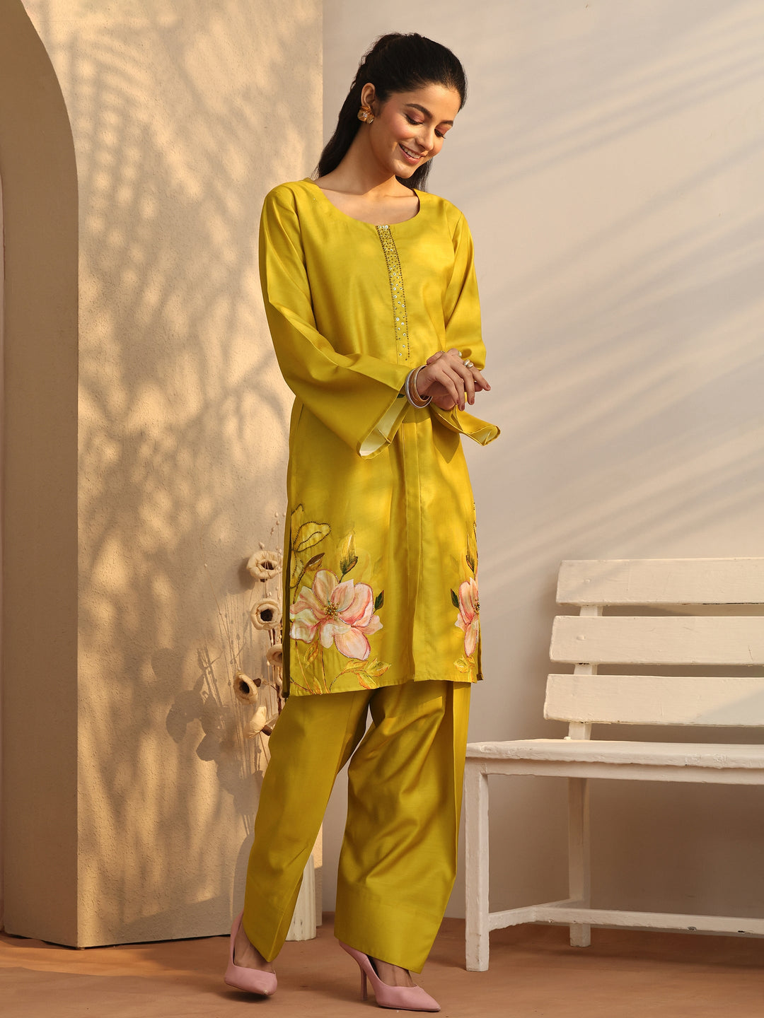  Mustard Embroidered Silk Blend Co-Ord Sets 