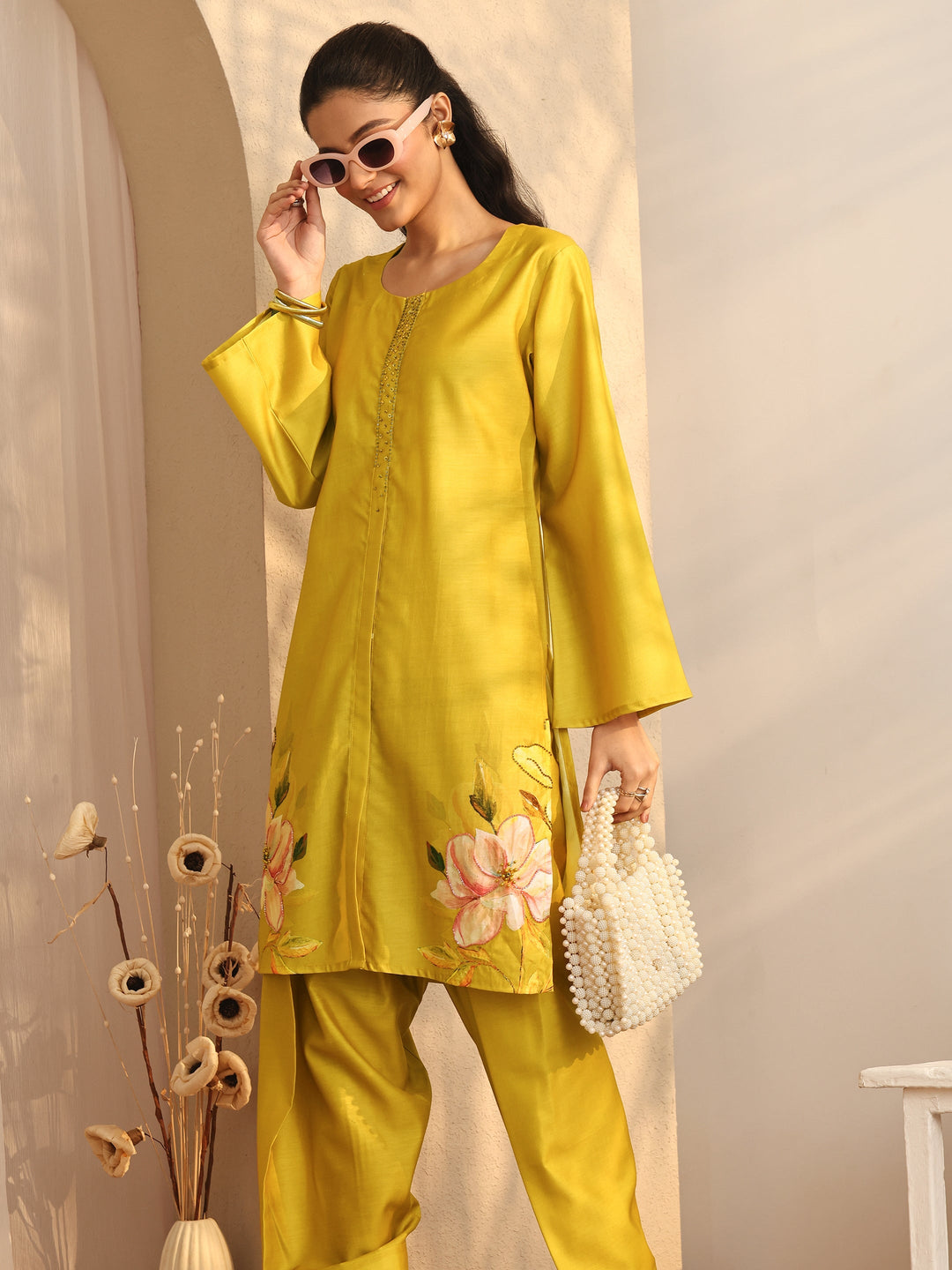  Mustard Embroidered Silk Blend Co-Ord Sets 