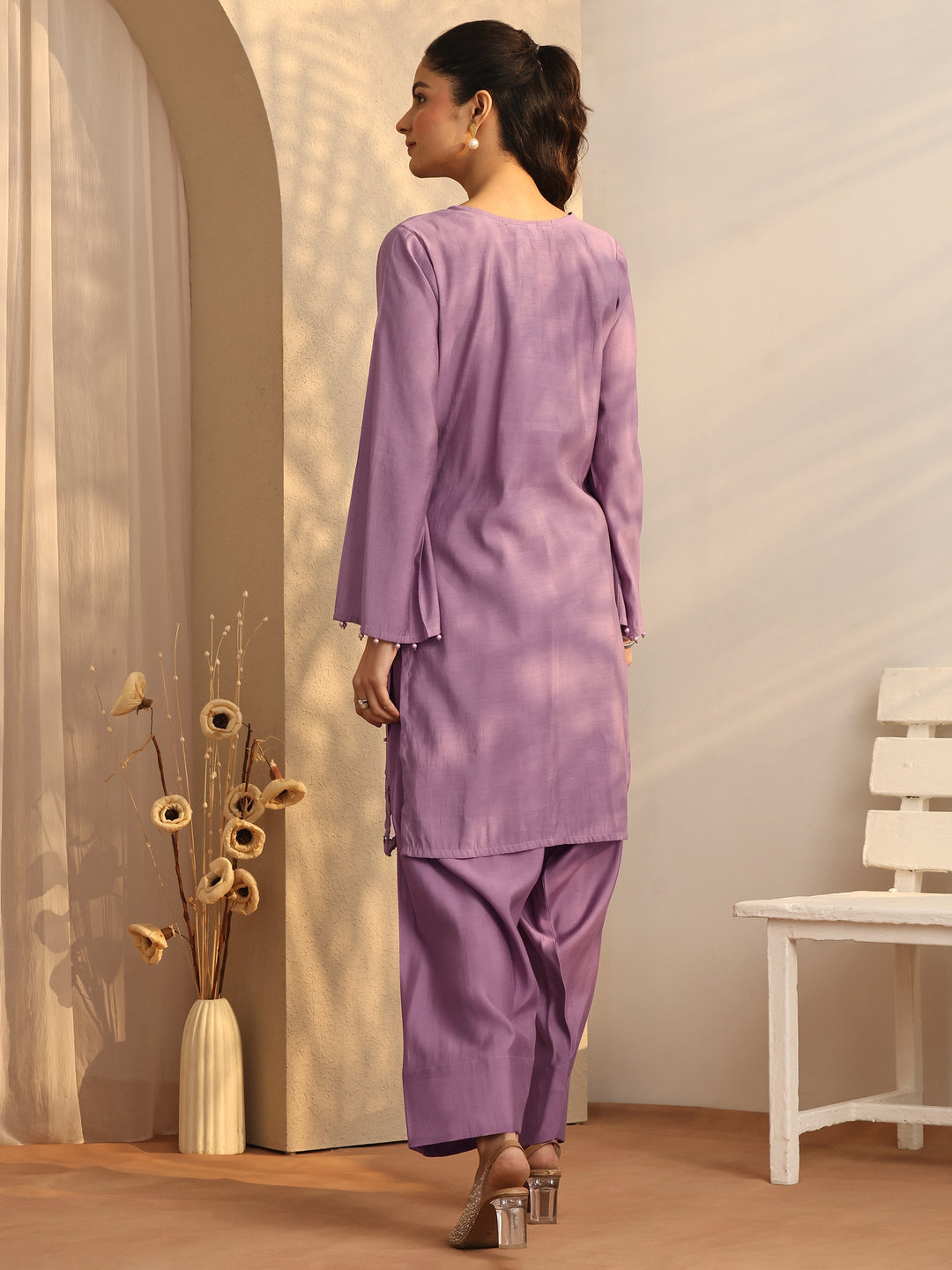  Mauve Embellished Silk Blend Co-Ord Sets 