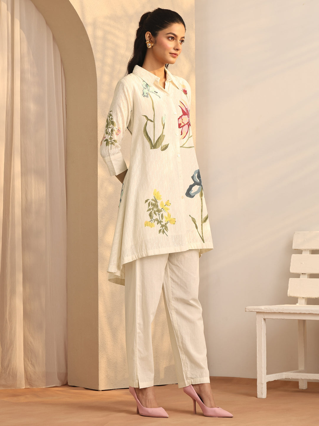  Off White Floral Printed Cotton Co-Ord Set 