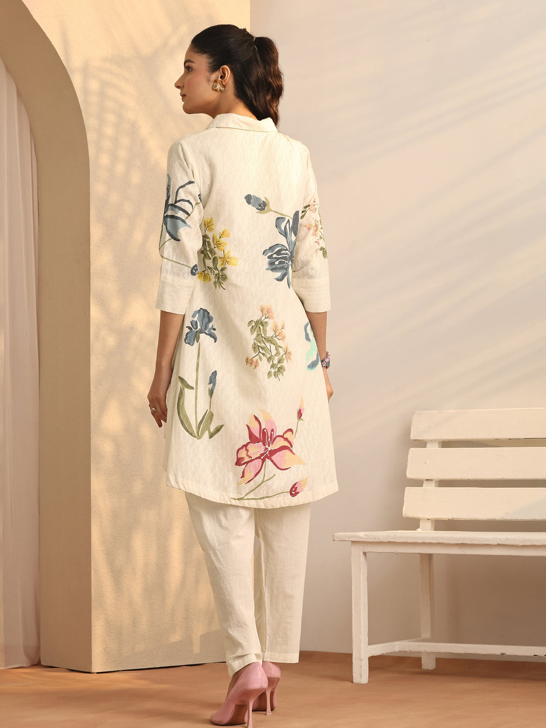  Off White Floral Printed Cotton Co-Ord Set 