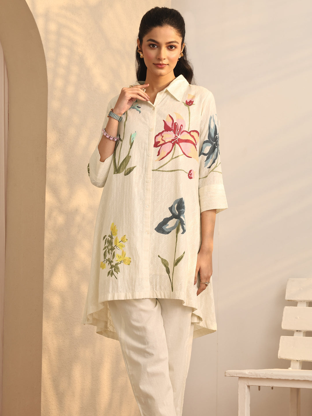  Off White Floral Printed Cotton Co-Ord Set 