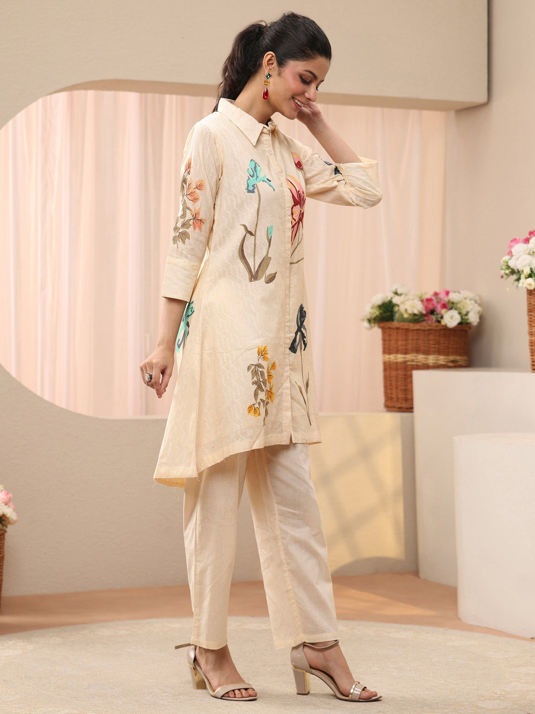  Off White Floral Printed Cotton Co-Ord Set 