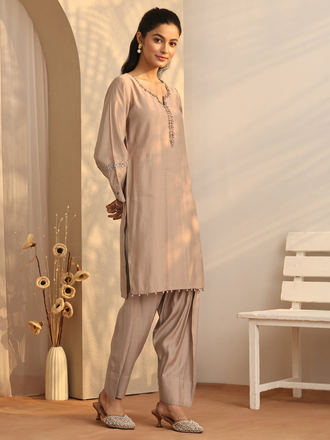  Tan Embroidered Silk Blend Co-Ord Sets 