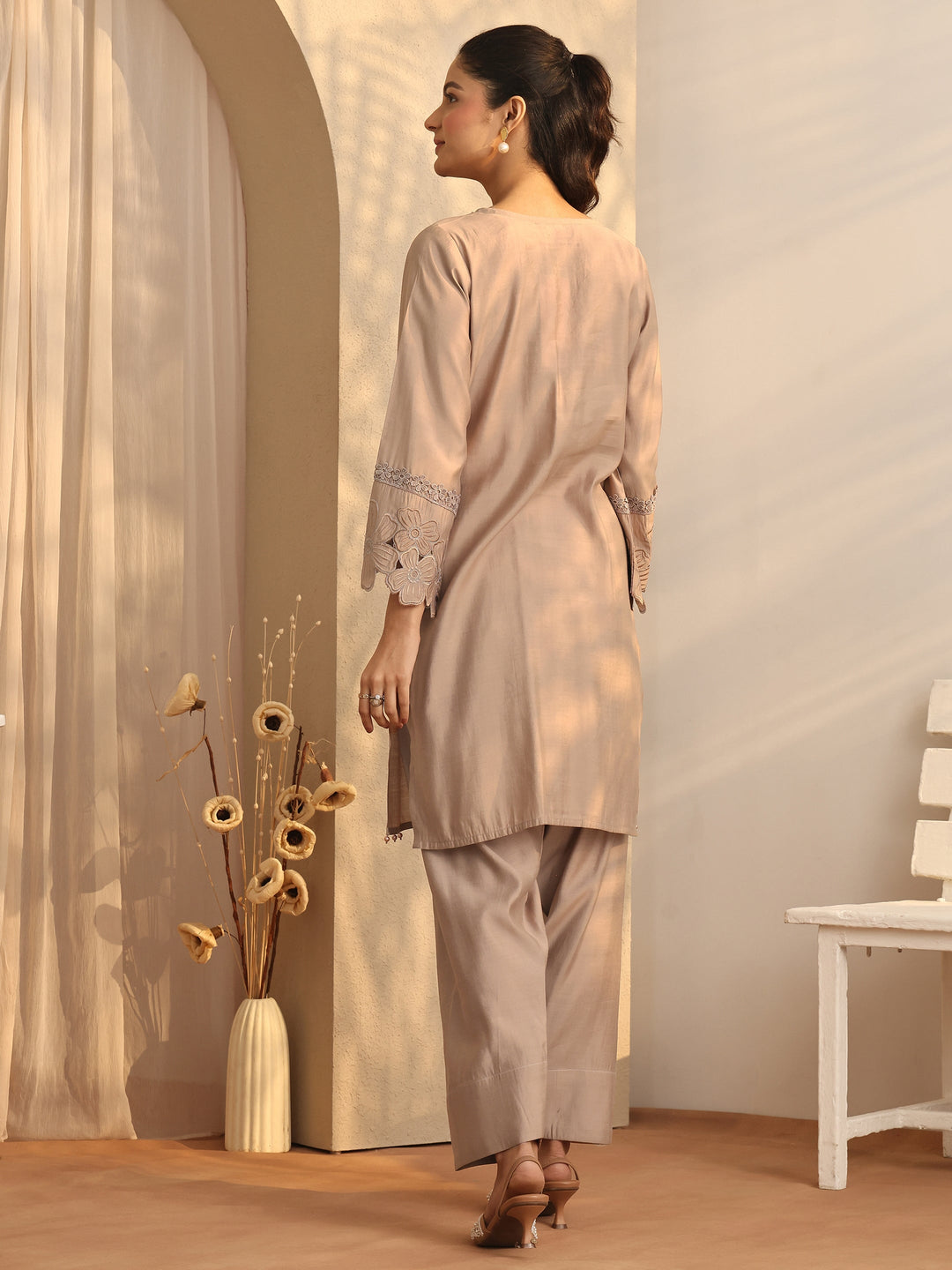  Tan Embroidered Silk Blend Co-Ord Sets 