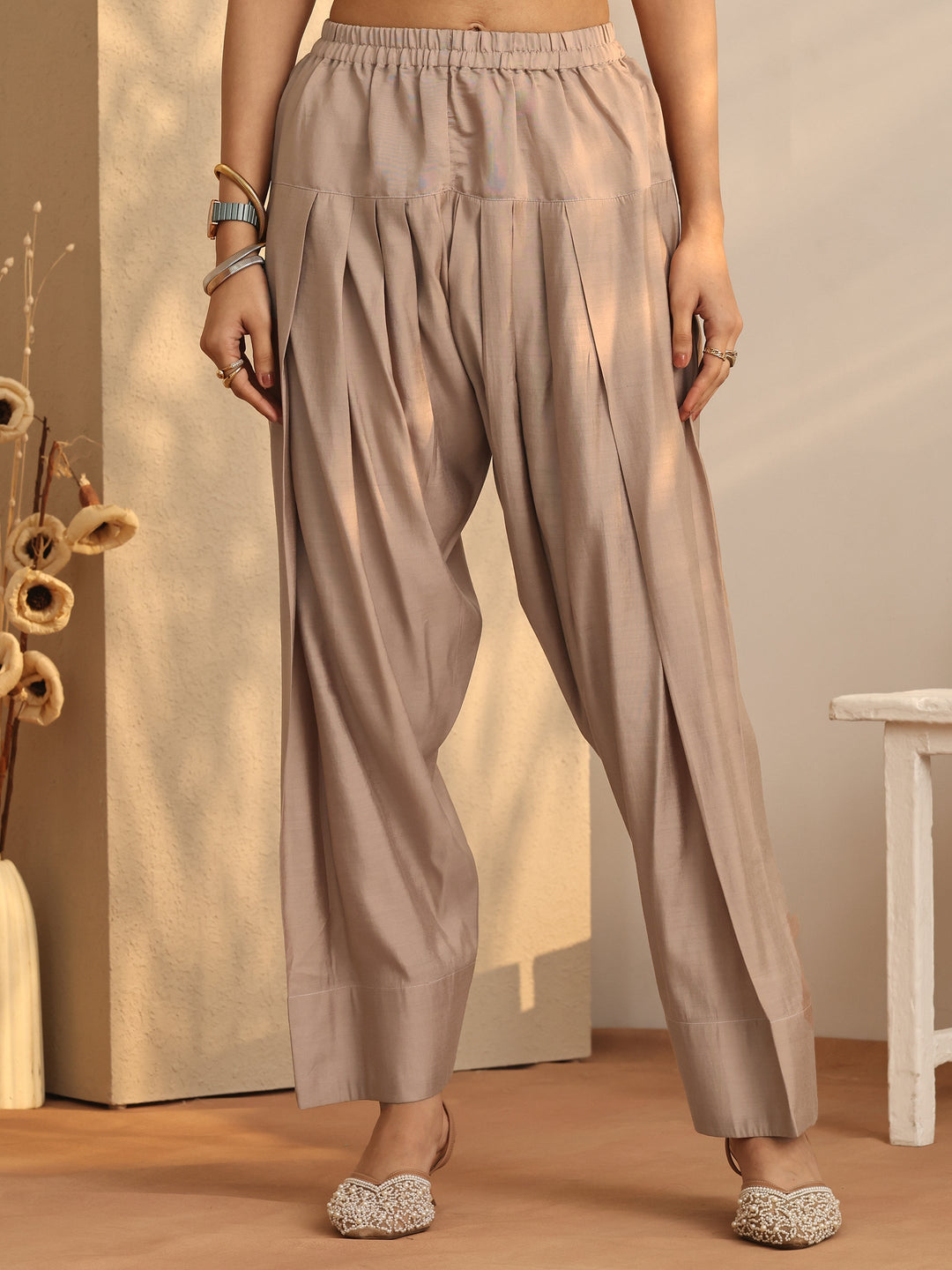  Tan Embroidered Silk Blend Co-Ord Sets 