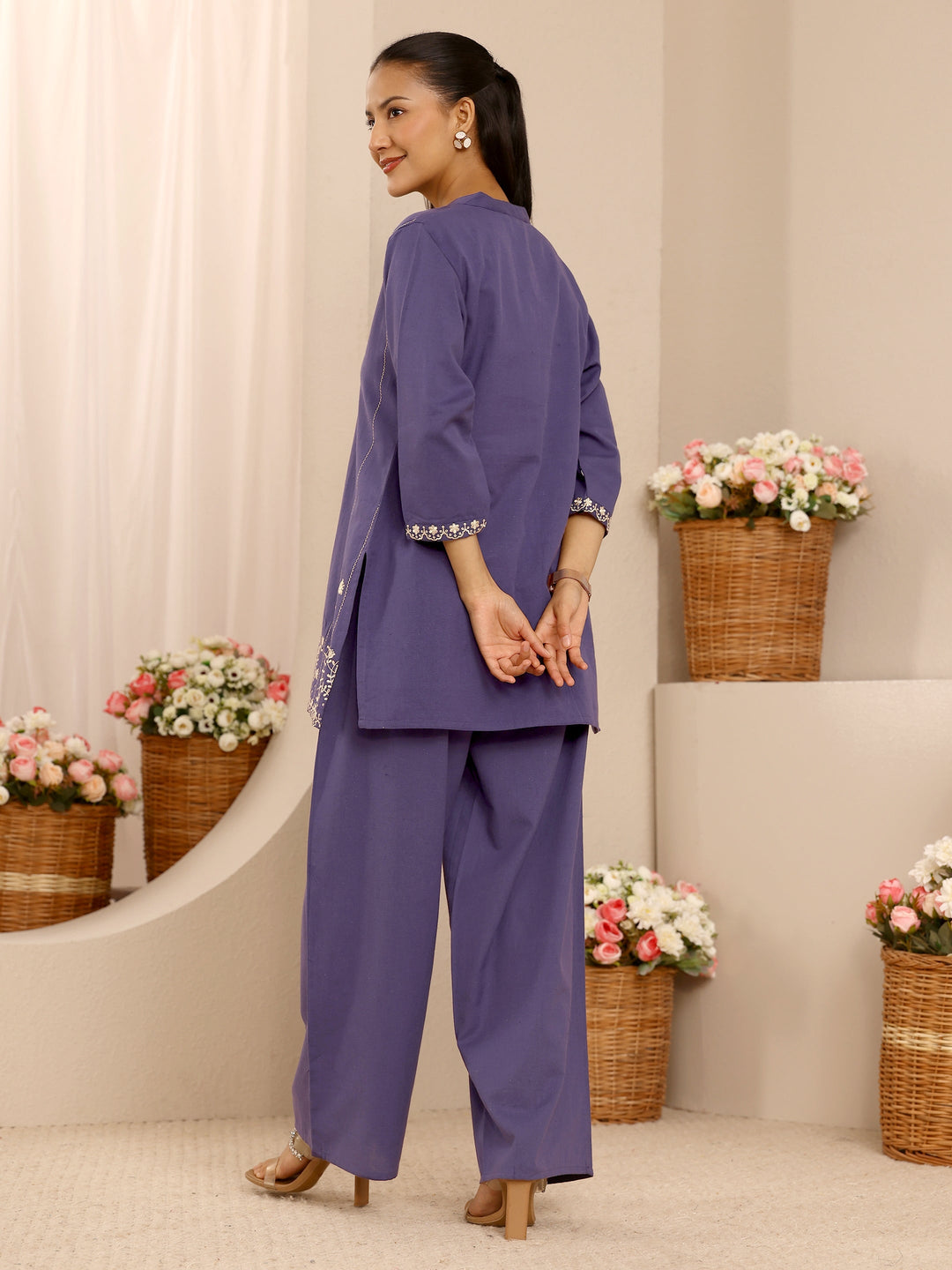  Purple Floral Embroidered Cotton Blend Co-Ord Set 