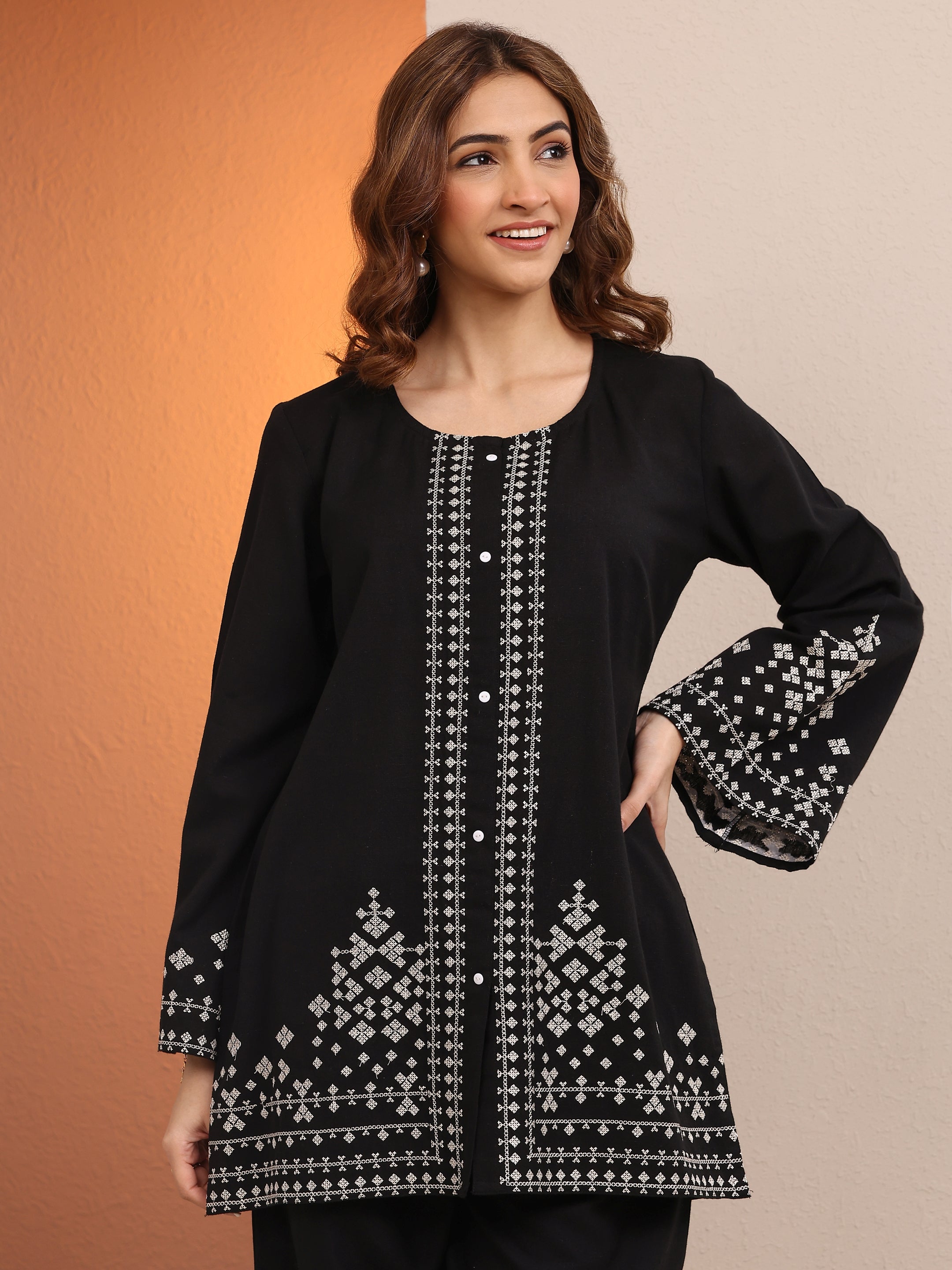 Black Printed Cotton Blend Co-Ord Sets-image-19