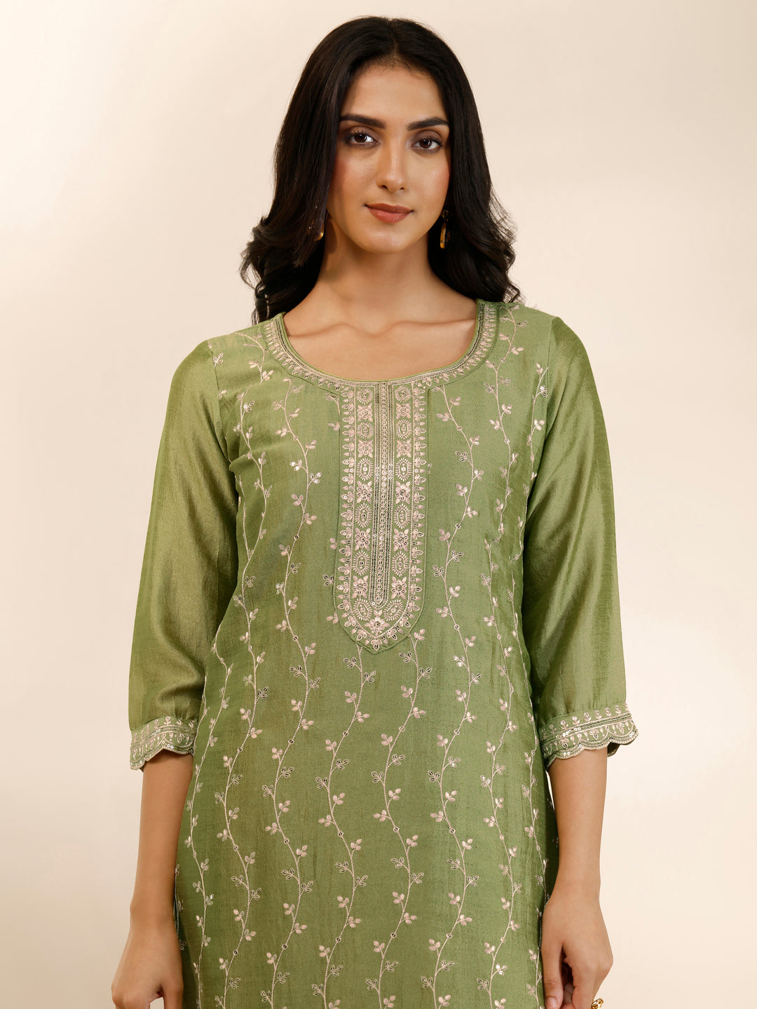  Green Embroidered Silk Blend Straight Suit Set With Dupatta 