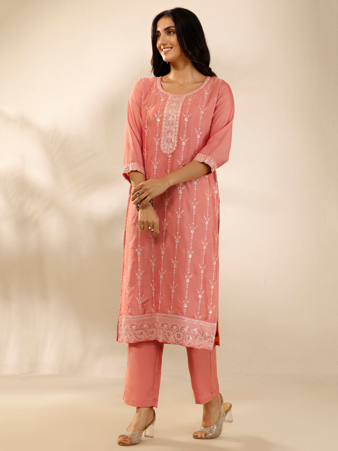  Peach Embroidered Silk Blend Straight Suit Set With Dupatta 
