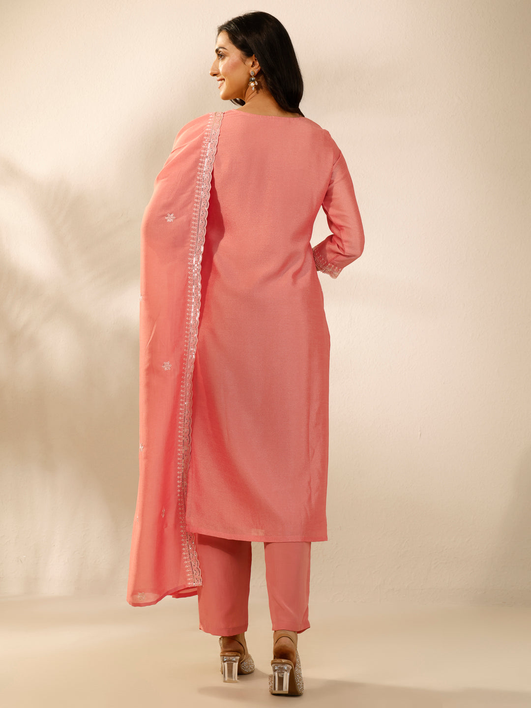  Peach Embroidered Silk Blend Straight Suit Set With Dupatta 