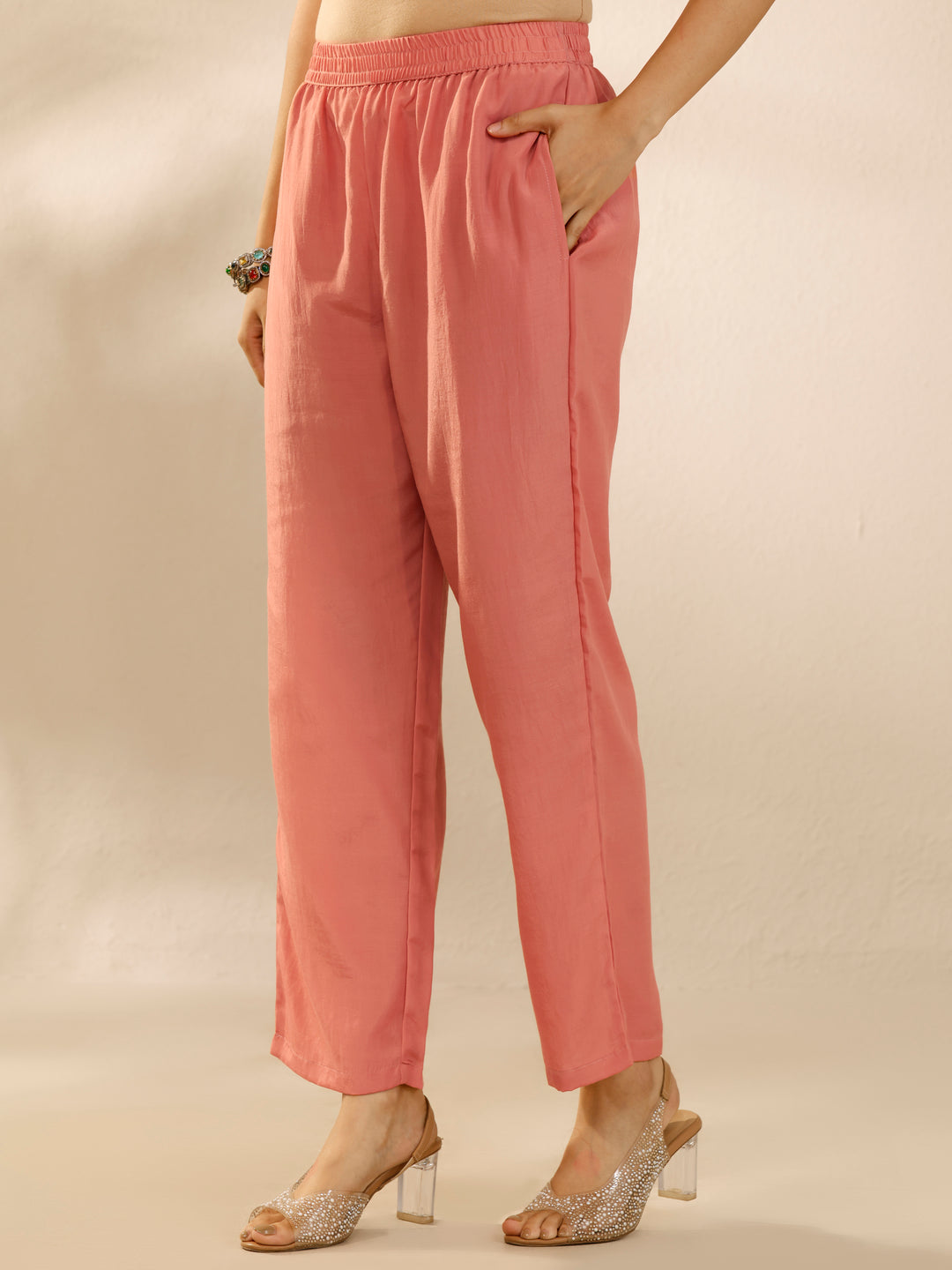  Peach Embroidered Silk Blend Straight Suit Set With Dupatta 