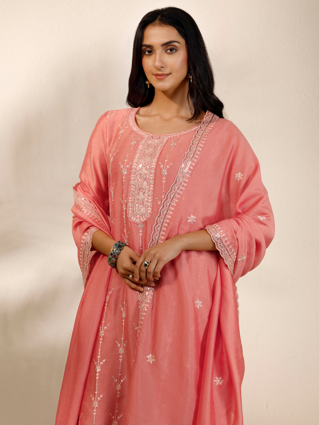  Peach Embroidered Silk Blend Straight Suit Set With Dupatta 