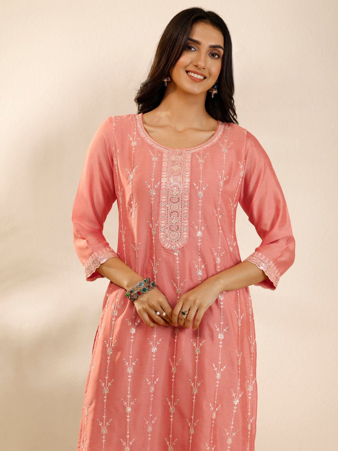  Peach Embroidered Silk Blend Straight Suit Set With Dupatta 