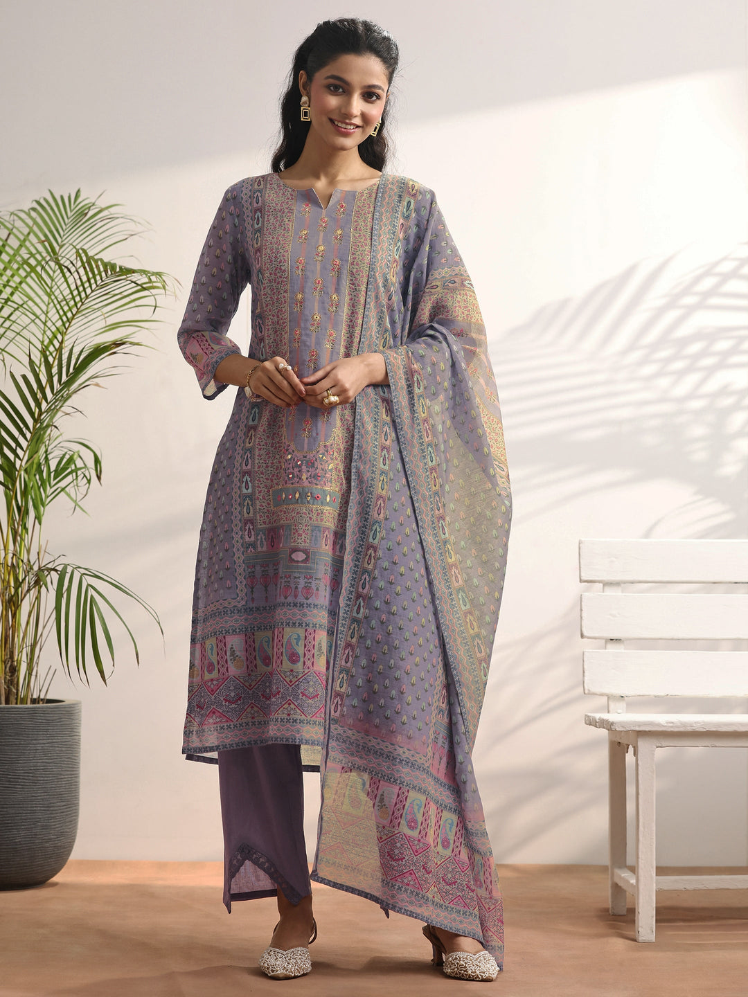  Lavender Printed Linen Straight Suit Set With Dupatta 