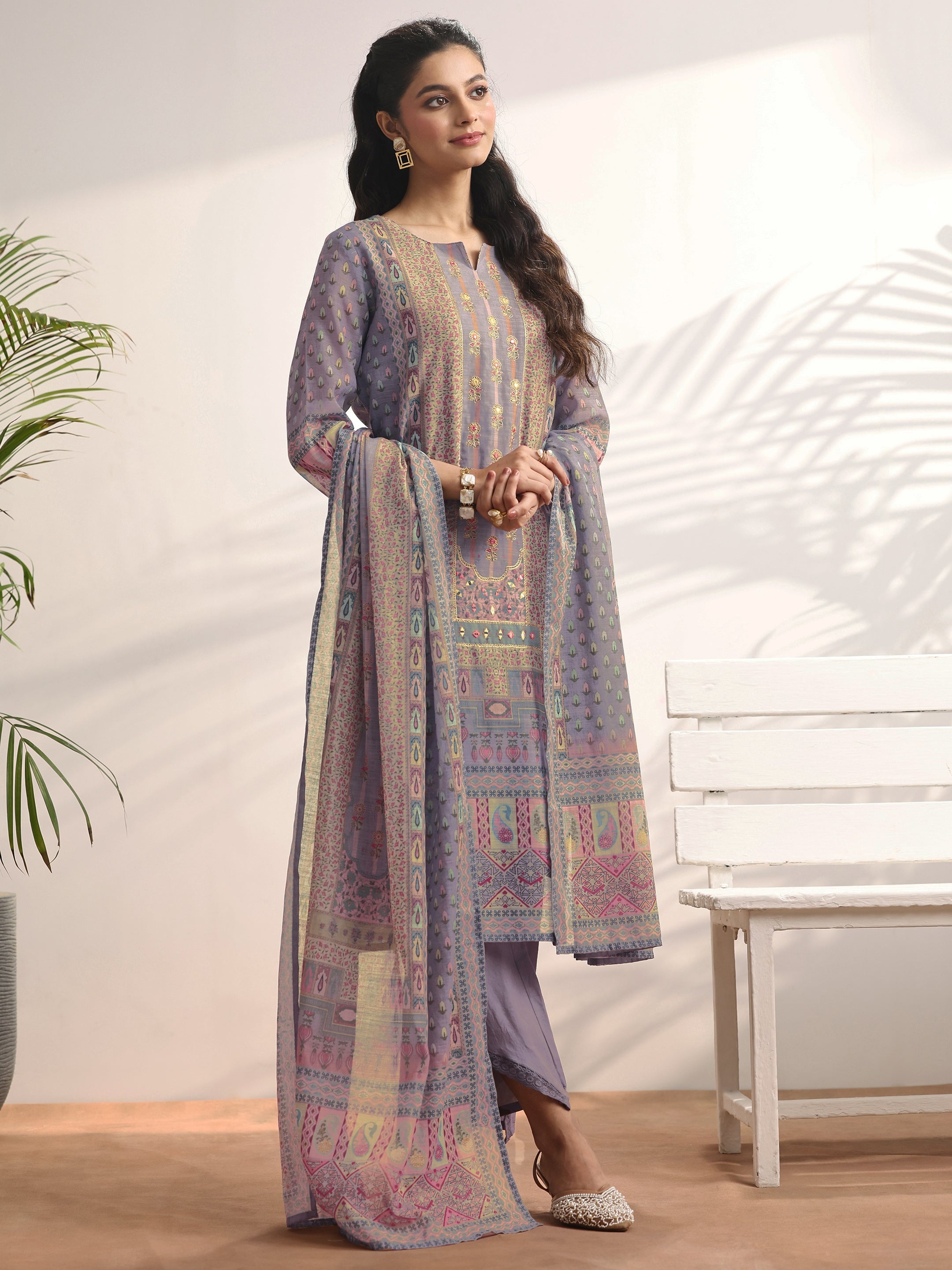 libas Lavender Printed Linen Straight Suit Set With Dupatta-picture-14