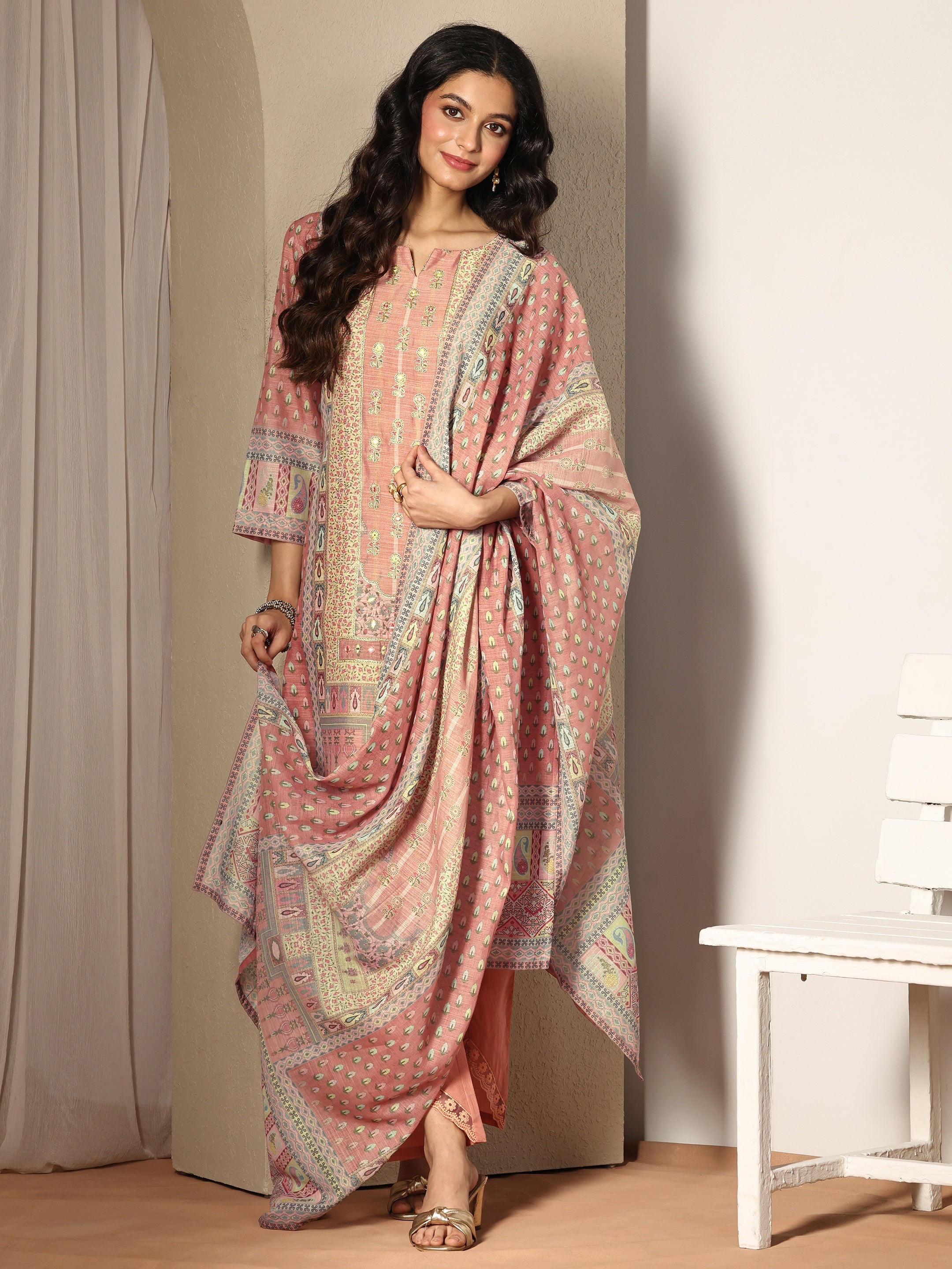 libas Pink Printed Linen Straight Suit Set With Dupatta-picture-51