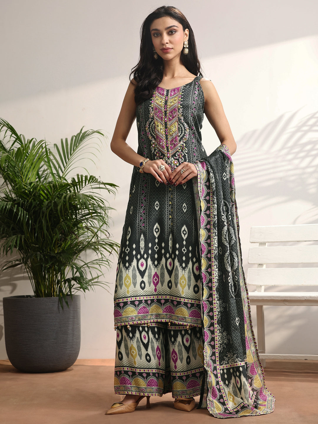  Black Printed Chinon Straight Suit Set With Dupatta 