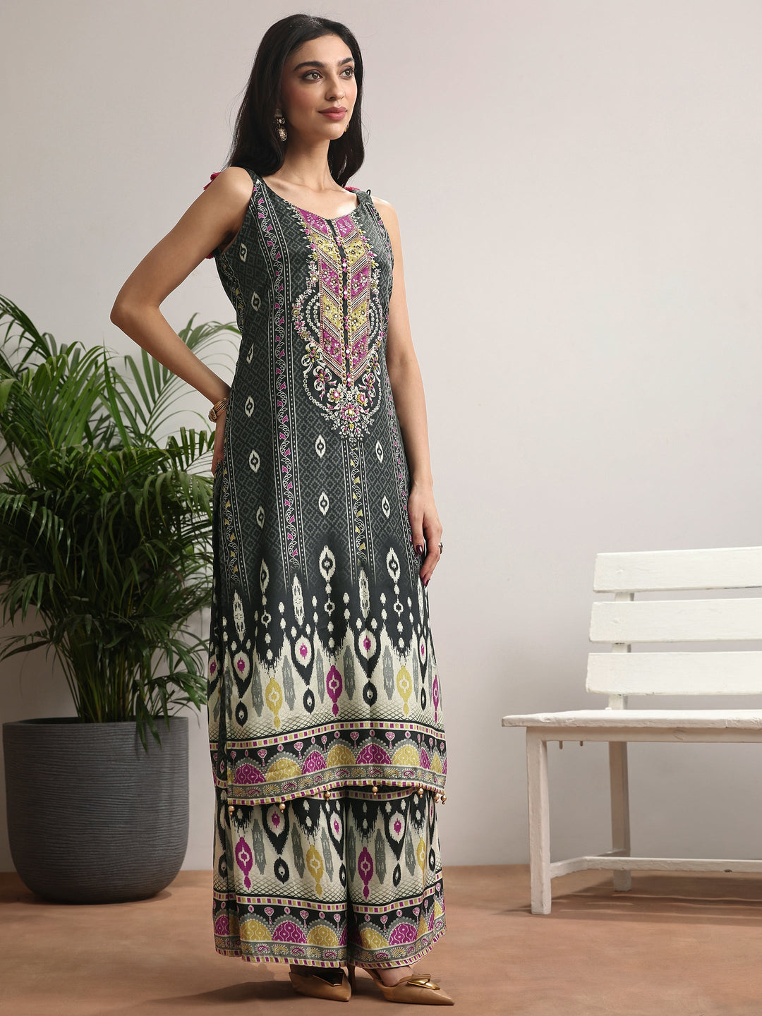  Black Printed Chinon Straight Suit Set With Dupatta 