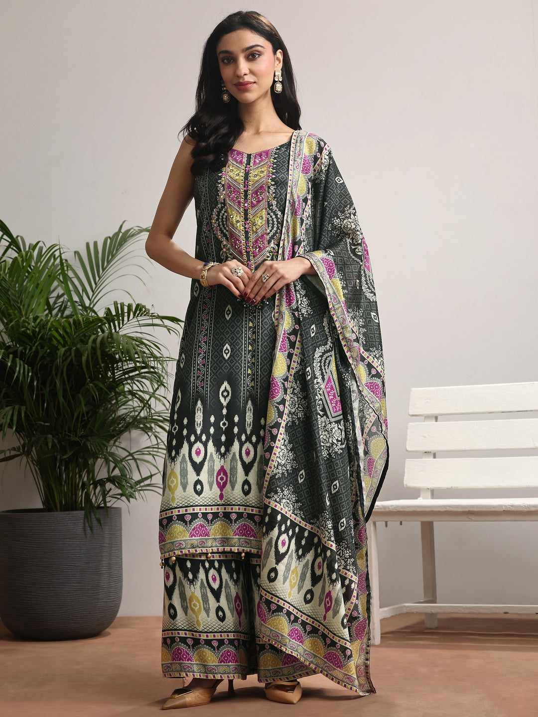  Black Printed Chinon Straight Suit Set With Dupatta 