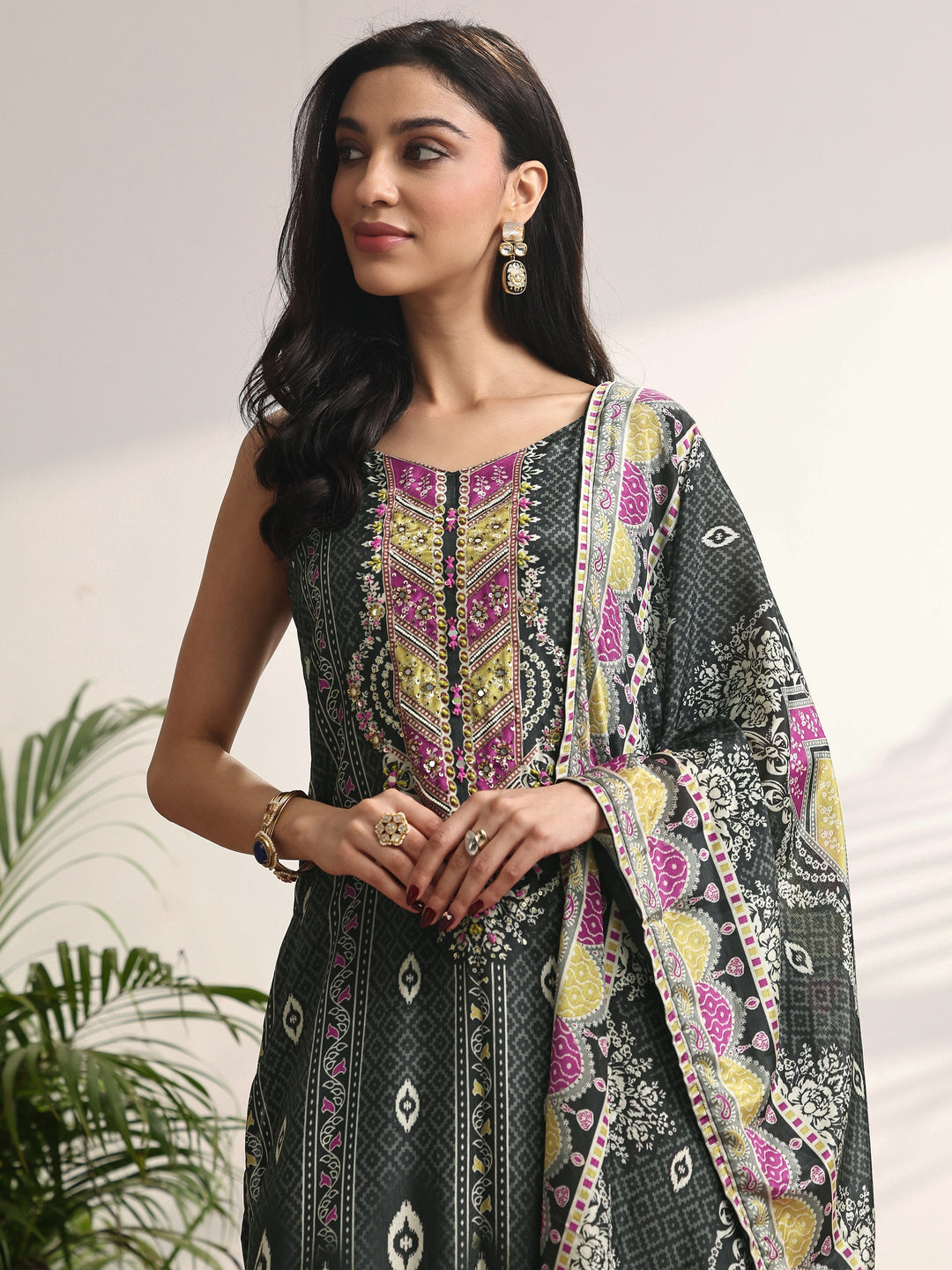  Black Printed Chinon Straight Suit Set With Dupatta 
