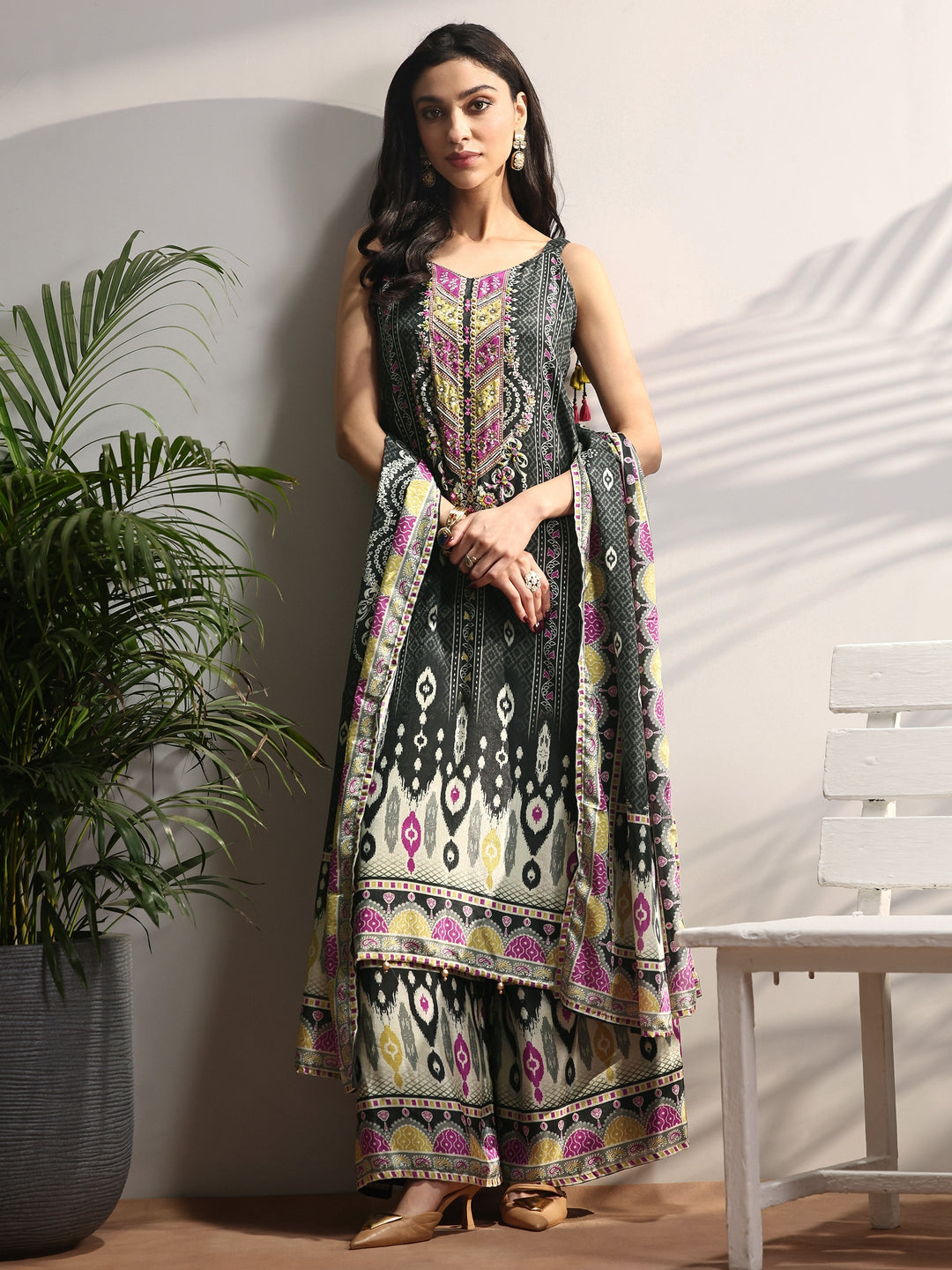  Black Printed Chinon Straight Suit Set With Dupatta 