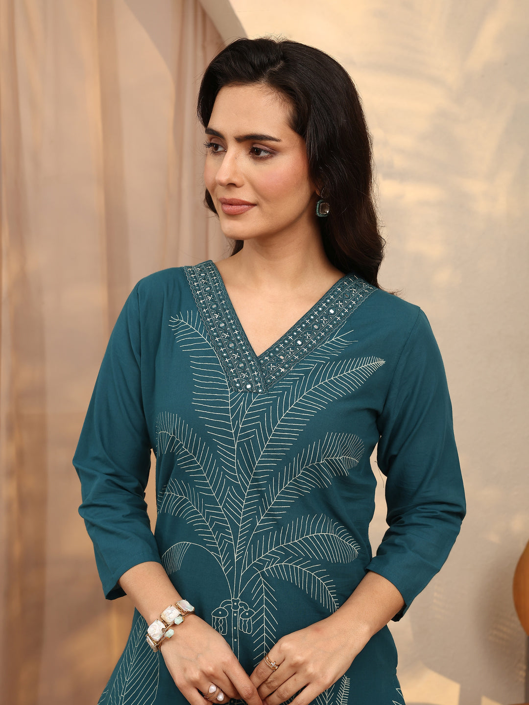  Teal Printed Cotton Straight Suit Set With Dupatta 