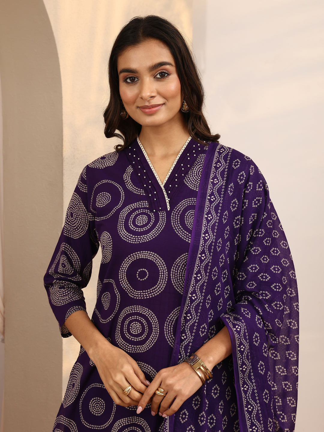  Purple Bandhani Printed Cotton Suit Set With Dupatta 