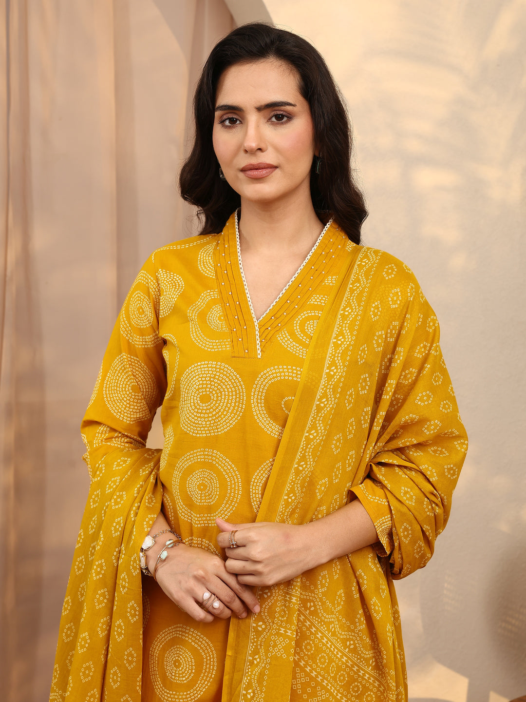  Mustard Bandhani Printed Cotton Suit Set With Dupatta 