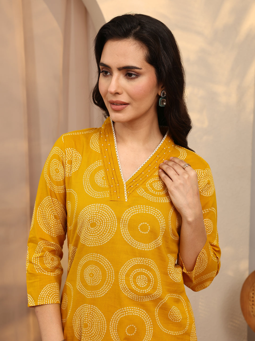  Mustard Bandhani Printed Cotton Suit Set With Dupatta 