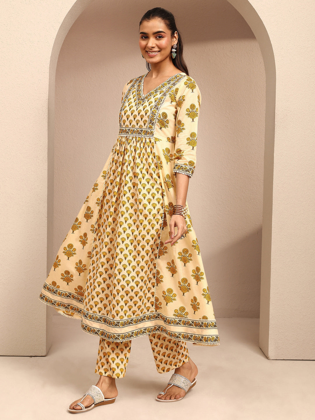  Yellow Printed Cotton Anarkali Suit Set With Dupatta 