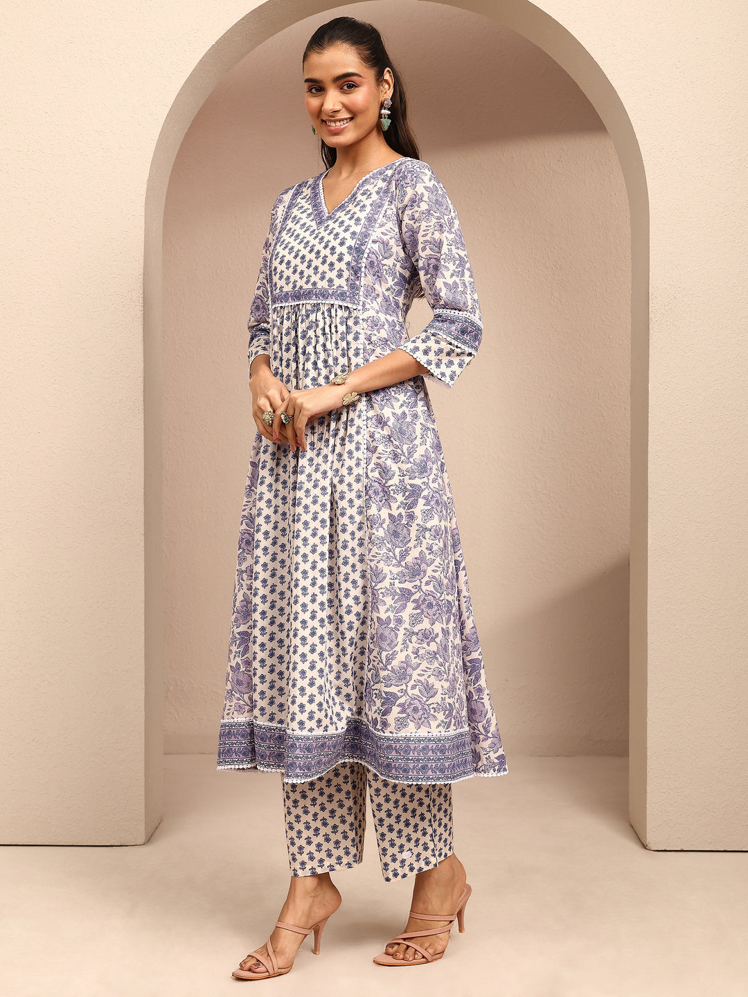  White Printed Cotton Anarkali Suit Set With Dupatta 