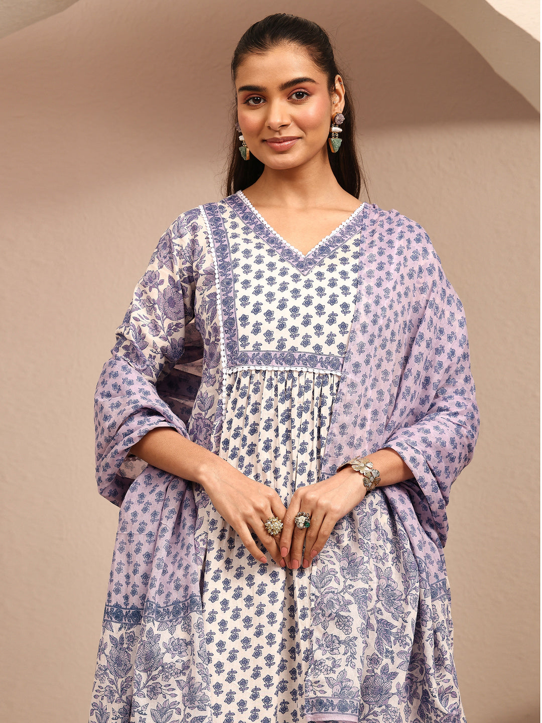  White Printed Cotton Anarkali Suit Set With Dupatta 