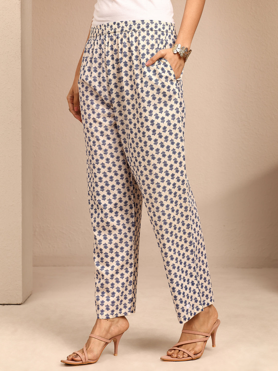  White Printed Cotton Anarkali Suit Set With Dupatta 