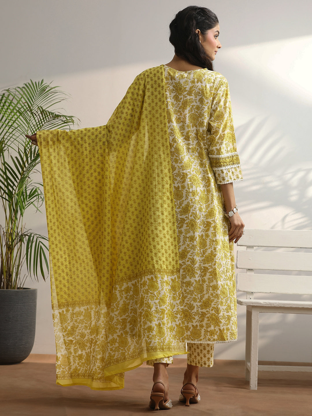  White Printed Cotton Anarkali Suit Set With Dupatta 