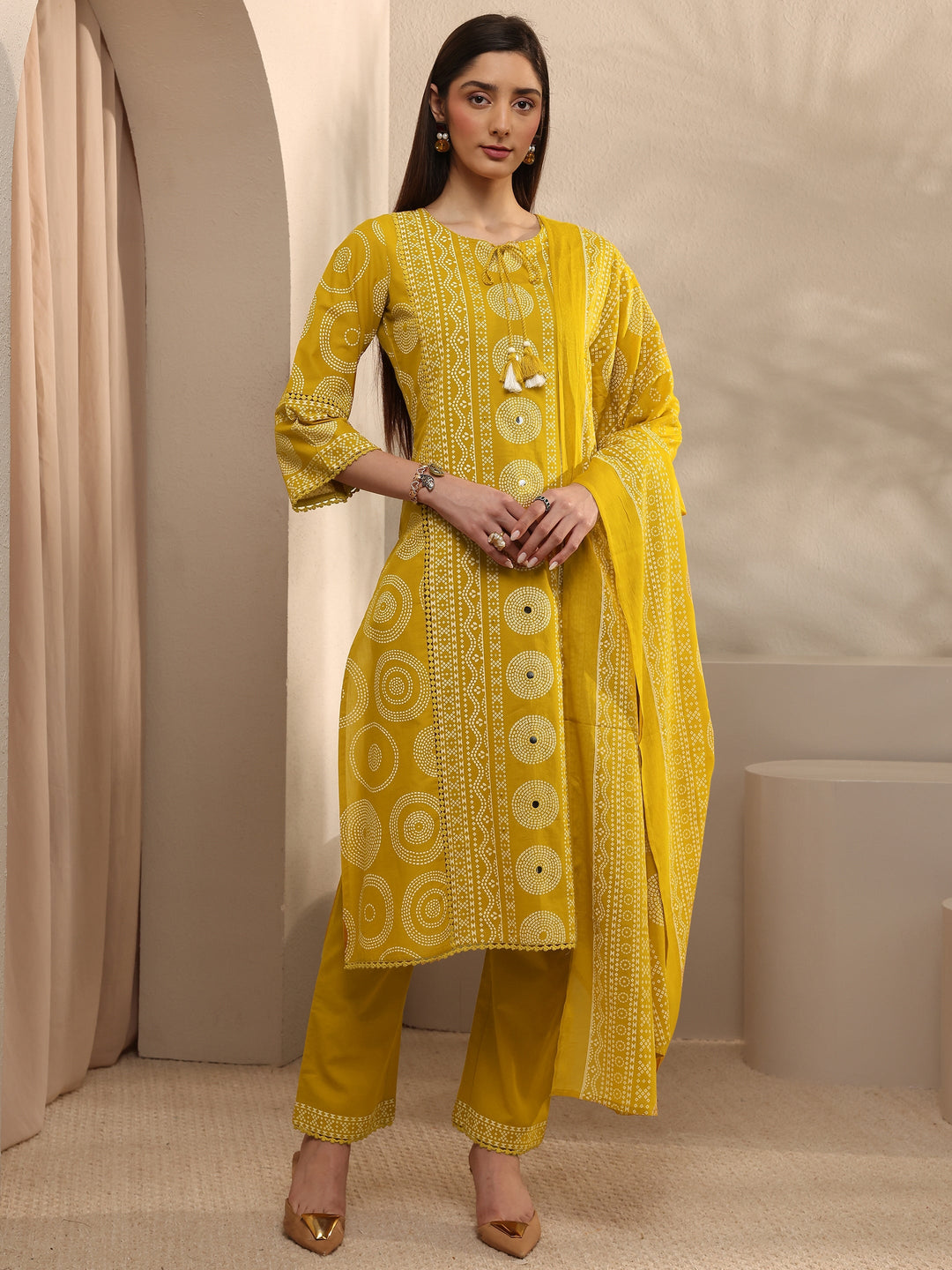  Mustard Printed Cotton Straight Suit Set With Dupatta 
