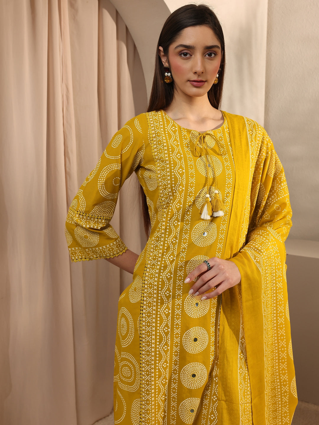  Mustard Printed Cotton Straight Suit Set With Dupatta 