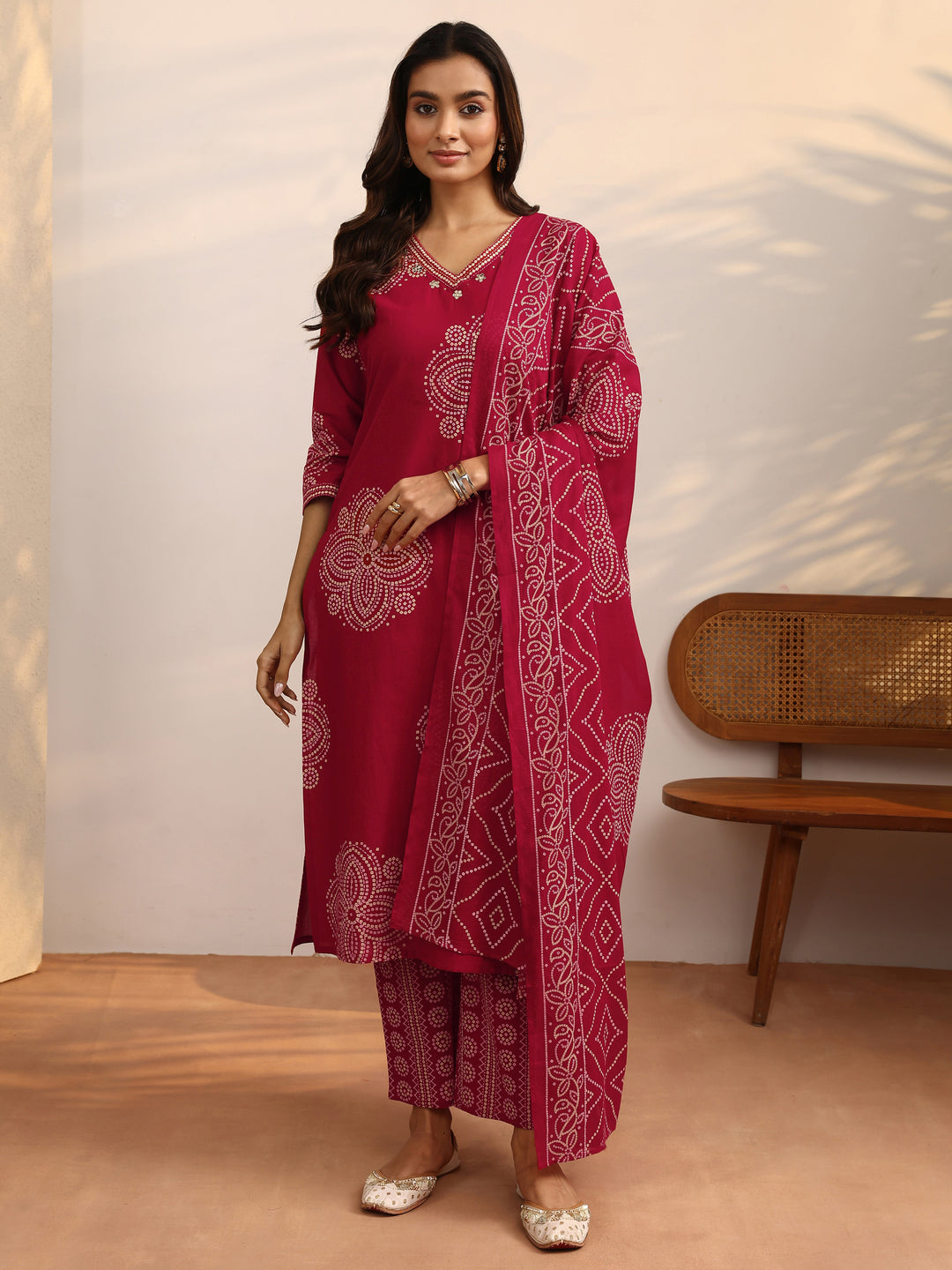  Red Bandhani Printed Cotton Suit Set With Dupatta 