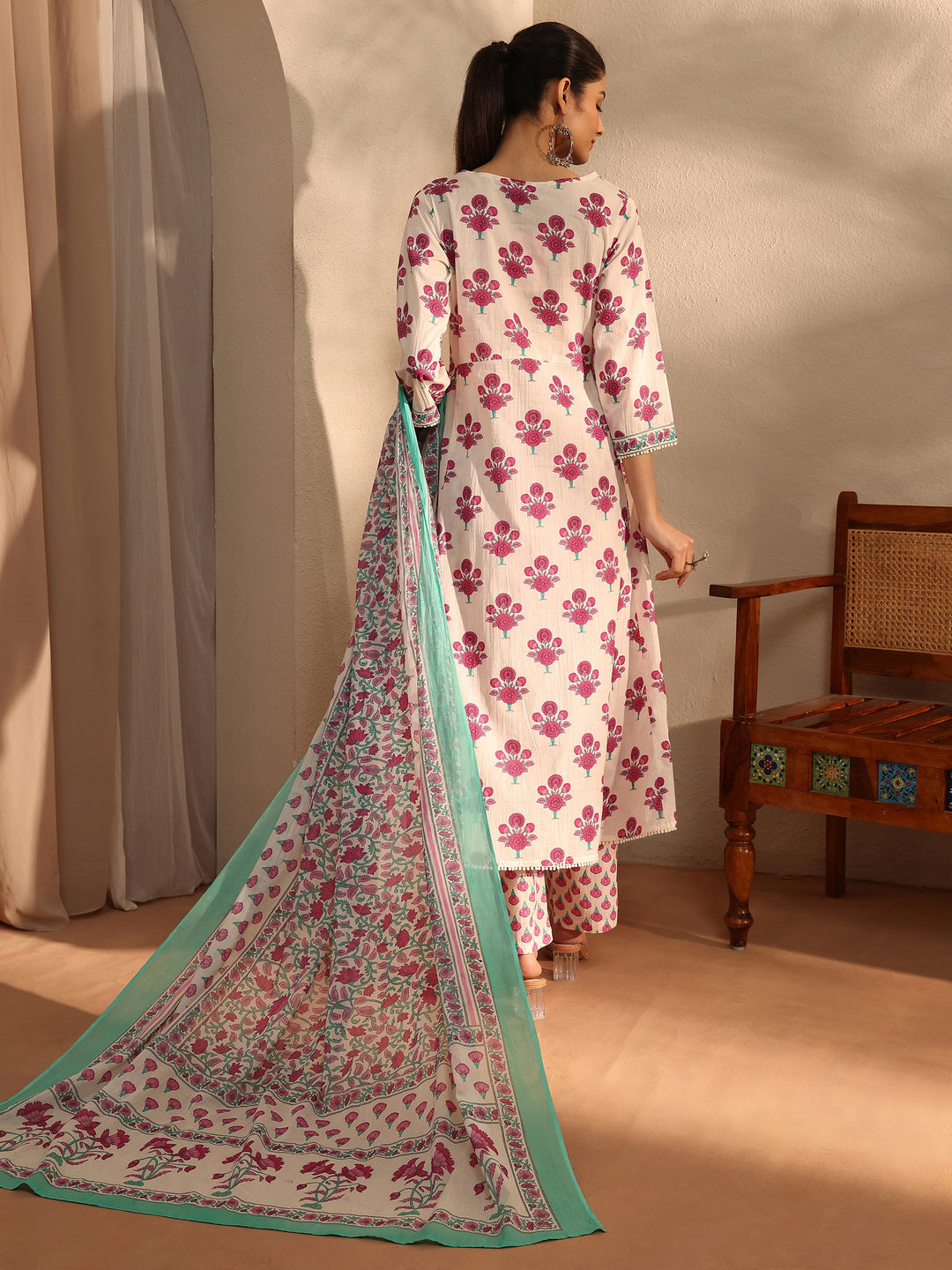  White Printed Cotton Anarkali Suit Set With Dupatta 