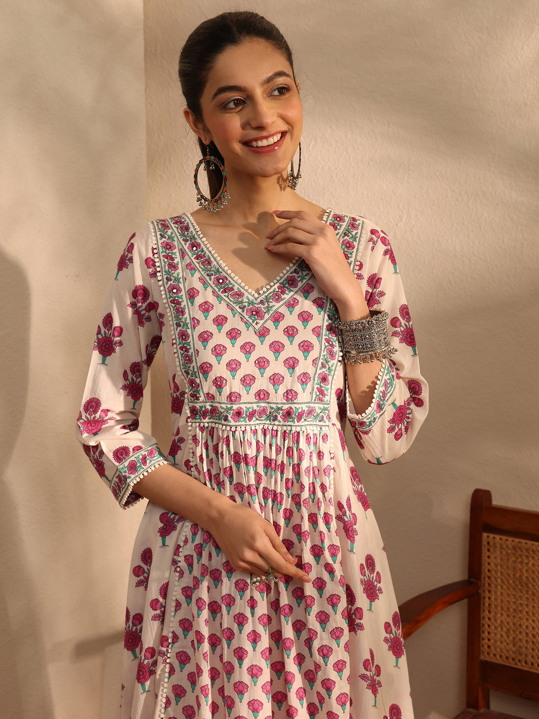  White Printed Cotton Anarkali Suit Set With Dupatta 