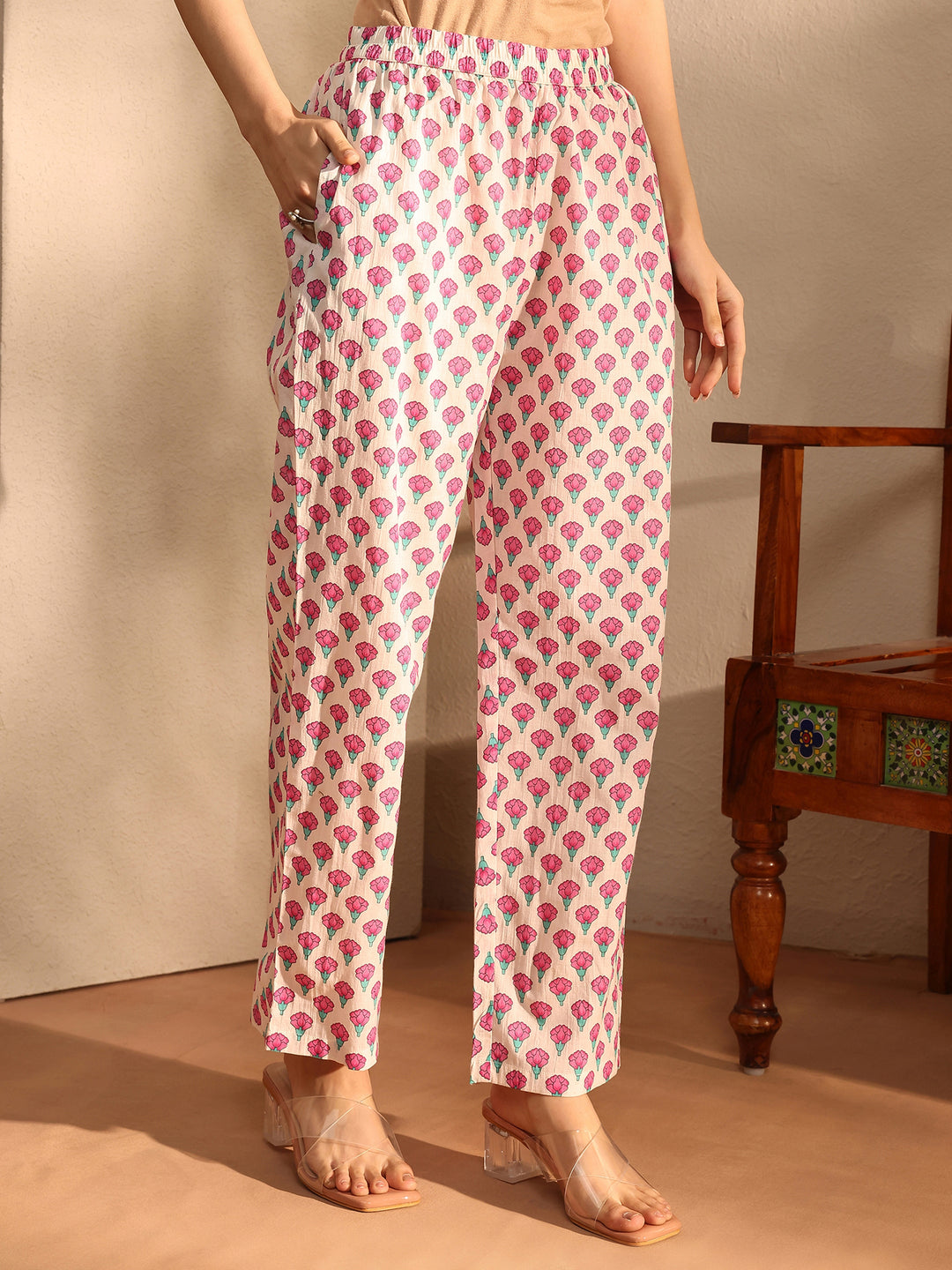  White Printed Cotton Anarkali Suit Set With Dupatta 