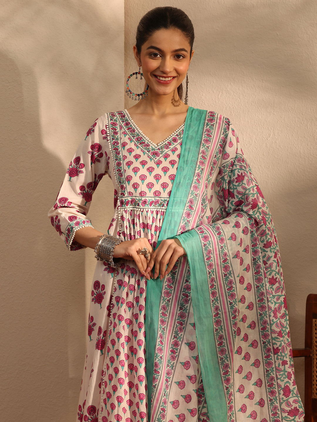  White Printed Cotton Anarkali Suit Set With Dupatta 