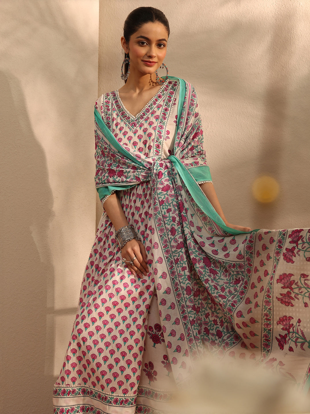  White Printed Cotton Anarkali Suit Set With Dupatta 