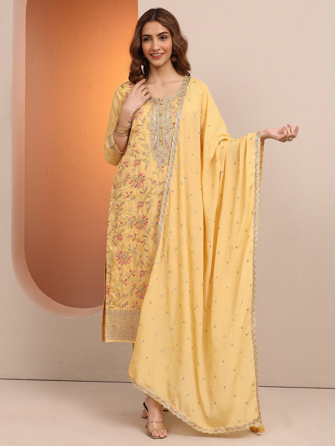  Yellow Embroidered Silk blend Straight Suit Set With Dupatta 