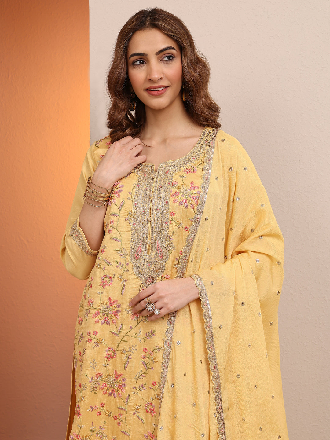  Yellow Embroidered Silk blend Straight Suit Set With Dupatta 