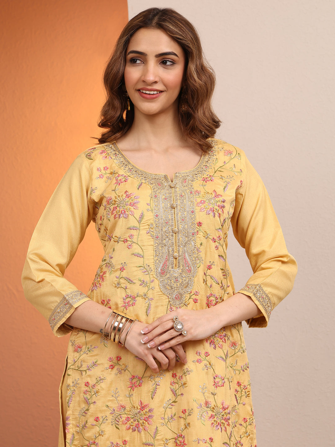  Yellow Embroidered Silk blend Straight Suit Set With Dupatta 