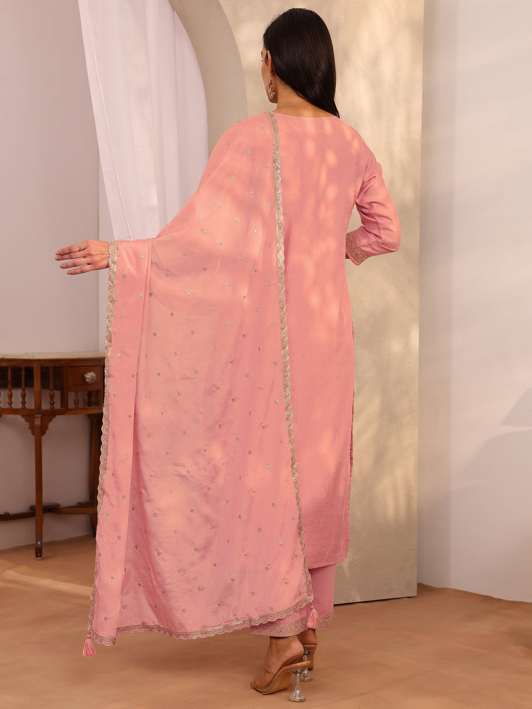  Pink Embroidered Silk blend Straight Suit Set With Dupatta 