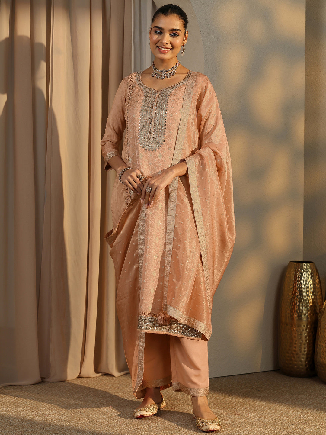  Peach Embroidered Silk Blend Straight Suit Set With Dupatta 