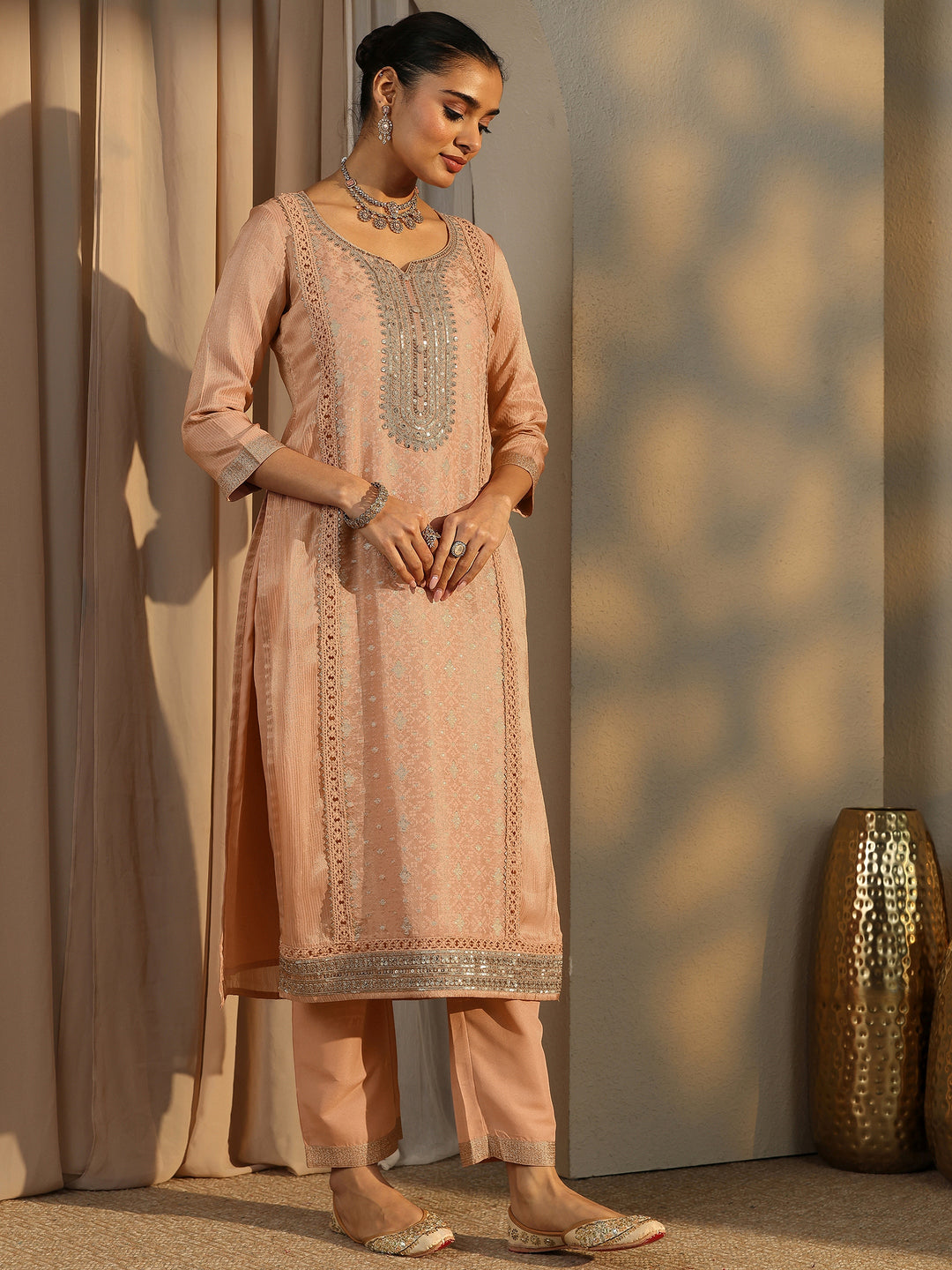  Peach Embroidered Silk Blend Straight Suit Set With Dupatta 