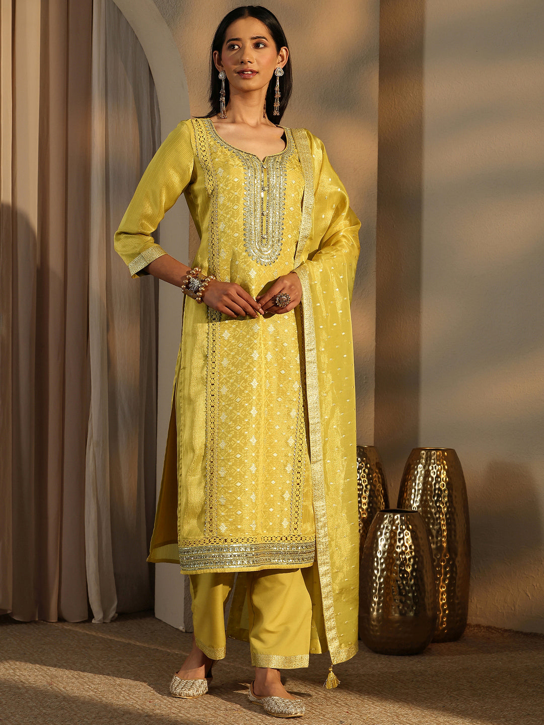  Lime Green Embroidered Silk Blend Straight Suit Set With Dupatta 